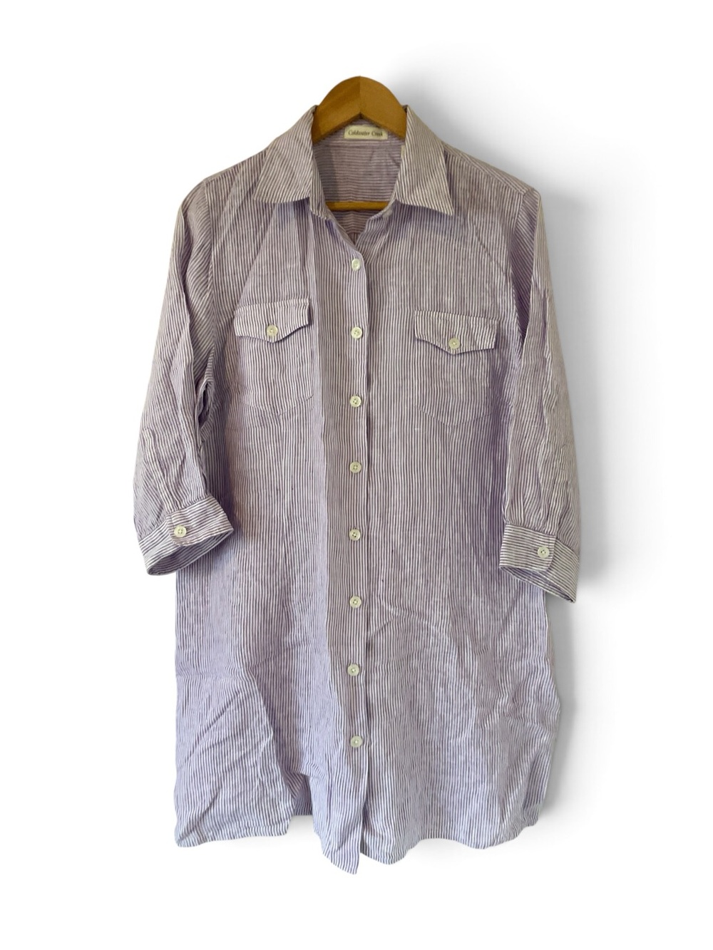 Coldwater Creek Linen Lavender Striped Tunic Button-Up Shirt Sz Large